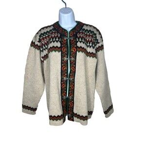 Nesjar 100% Wool Nordic Knit Fair Isle Cardigan Sweater Size S vintage